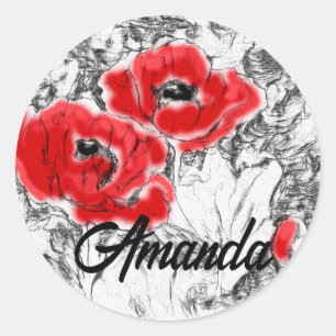 Sketched pen hand drawn red poppies flowers floral classic round sticker