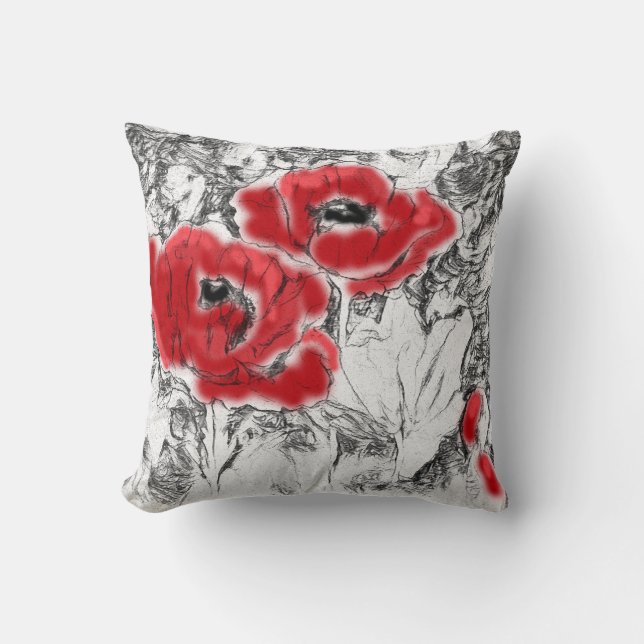Sketched pen hand drawn red poppies flowers floral cushion (Front)