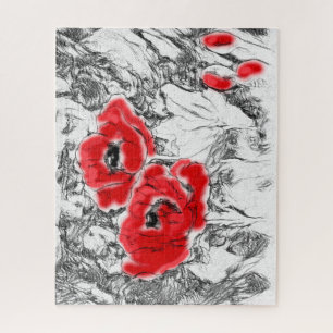 Sketched pen hand drawn red poppies flowers floral jigsaw puzzle