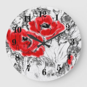 Sketched pen hand drawn red poppies flowers floral large clock