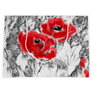 Sketched pen hand drawn red poppies flowers floral large gift bag