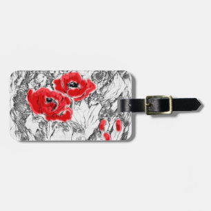 Sketched pen hand drawn red poppies flowers floral luggage tag