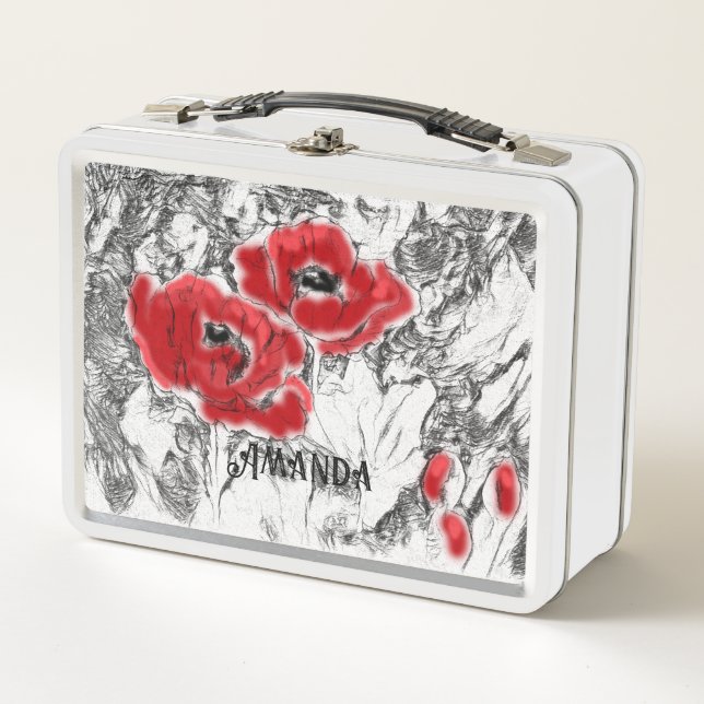 Sketched pen hand drawn red poppies flowers floral metal lunch box (Front)