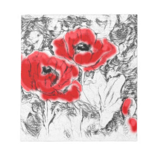 Sketched pen hand drawn red poppies flowers floral notepad