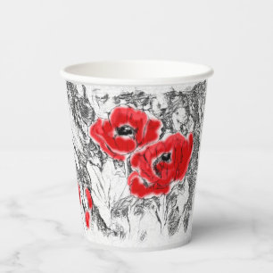 Sketched pen hand drawn red poppies flowers floral paper cups
