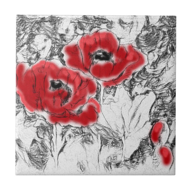Sketched pen hand drawn red poppies flowers floral tile (Front)
