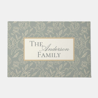 Sketched Peonies Green Botanical Flower Doormat