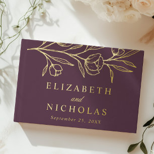 Sketched Purple and Gold Foil Floral Photo Wedding Guest Book