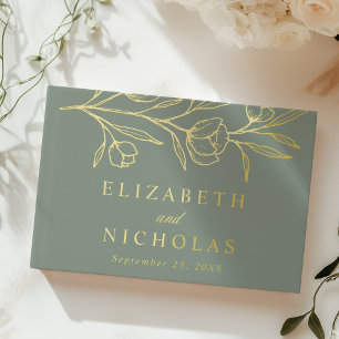 Sketched Sage and Gold Foil Floral Photo Wedding Guest Book