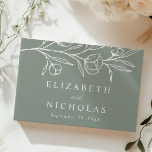Sketched Sage Green Floral Photo Wedding Guest Book