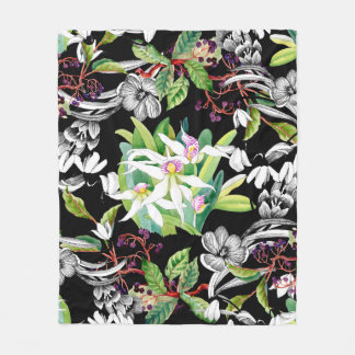 Sketched snowdrops and blooming orchids flowers se fleece blanket