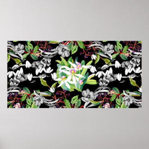 Sketched snowdrops and blooming orchids flowers se poster