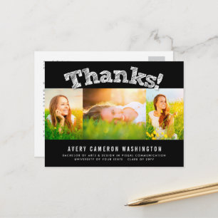 Sketched Thanks Multi 3 Photo Graduation Thank You Postcard