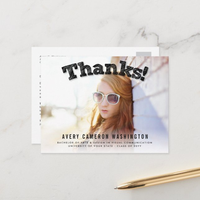 Sketched Thanks Photo Modern Graduation Thank You Postcard (Front/Back In Situ)