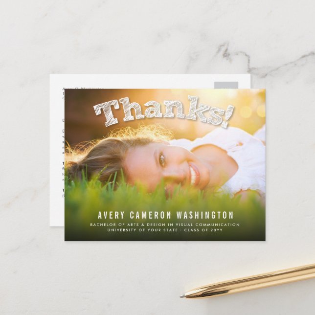 Sketched Thanks Photo Modern Graduation Thank You Postcard (Front/Back In Situ)