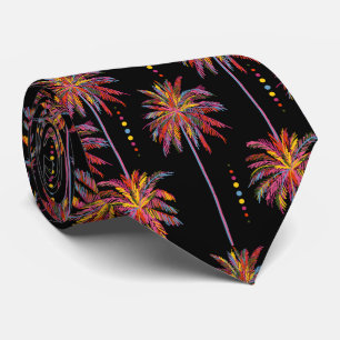 Sketched Tropical Neon Palm Trees & Dots on Black Tie