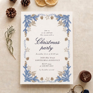 Sketched Vintage Blue Golden Christmas Party Invitation