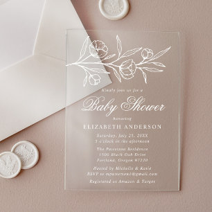 Sketched White Floral Baby Shower Acrylic Invitations