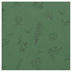 Sketched Wildflowers on Dark Green Fabric