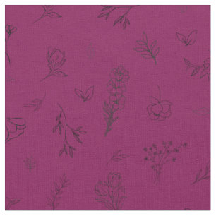 Sketched Wildflowers on Dark Pink Fabric