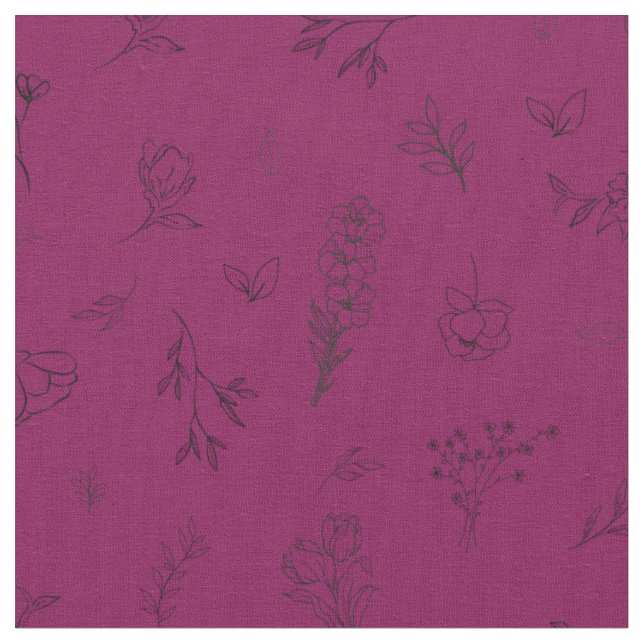 Sketched Wildflowers on Dark Pink Fabric (Close Up)