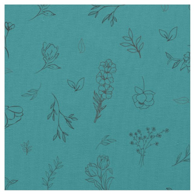 Sketched Wildflowers on Dark Teal Fabric (Close Up)