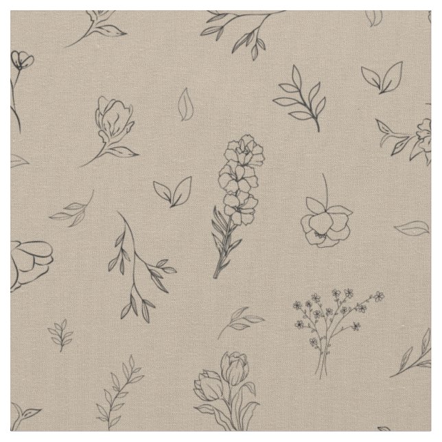 Sketched Wildflowers on Light Brown Fabric (Close Up)