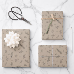 Sketched Wildflowers on Light Brown Wrapping Paper Sheet