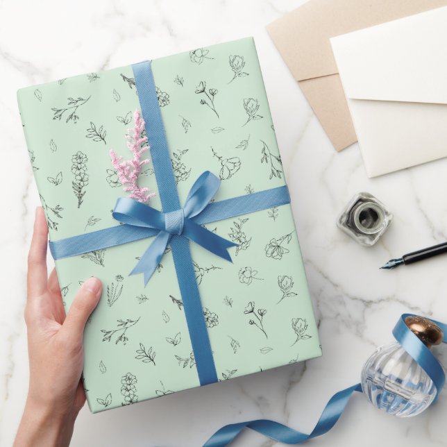 Sketched Wildflowers on Light Green Wrapping Paper (Gifting)