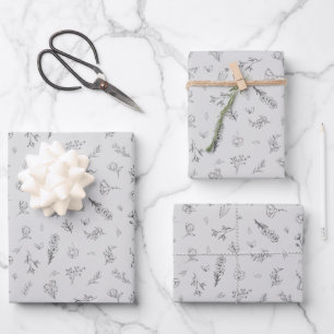 Sketched Wildflowers on Light Grey Wrapping Paper Sheet