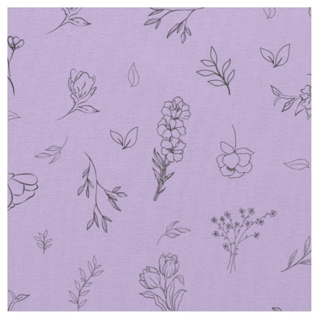 Sketched Wildflowers on Light Purple Fabric (Close Up)