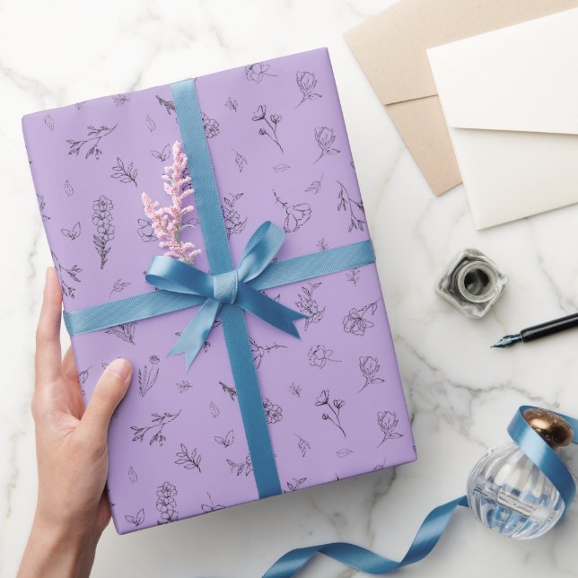 Sketched Wildflowers on Light Purple Wrapping Paper (Gifting)