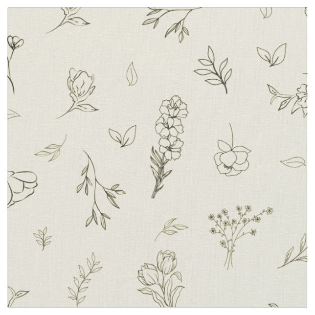 Sketched Wildflowers on Light Yellow Fabric (Close Up)