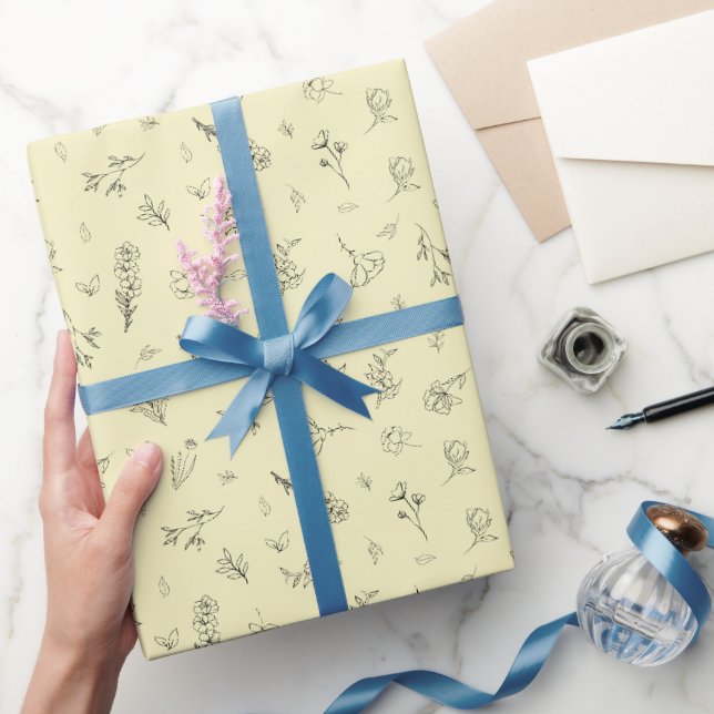 Sketched Wildflowers on Light Yellow Wrapping Paper (Gifting)