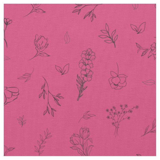 Sketched Wildflowers on Rose Pink Fabric (Close Up)