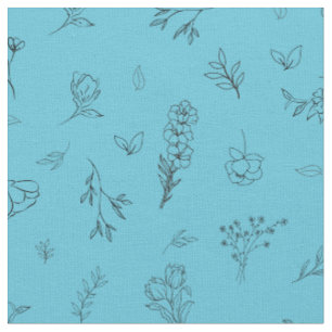 Sketched Wildflowers on Sky Blue Fabric