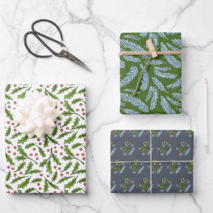Sketched Winter Branches Holly and Spruce Pattern Wrapping Paper Sheet
