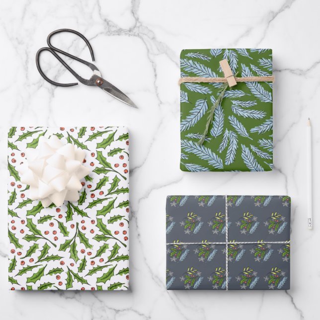 Sketched Winter Branches Holly and Spruce Pattern Wrapping Paper Sheet (Front)