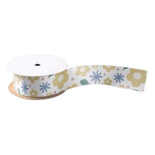 Sketched yellow and blue flowers satin ribbon