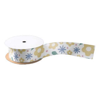 Sketched yellow and blue flowers satin ribbon