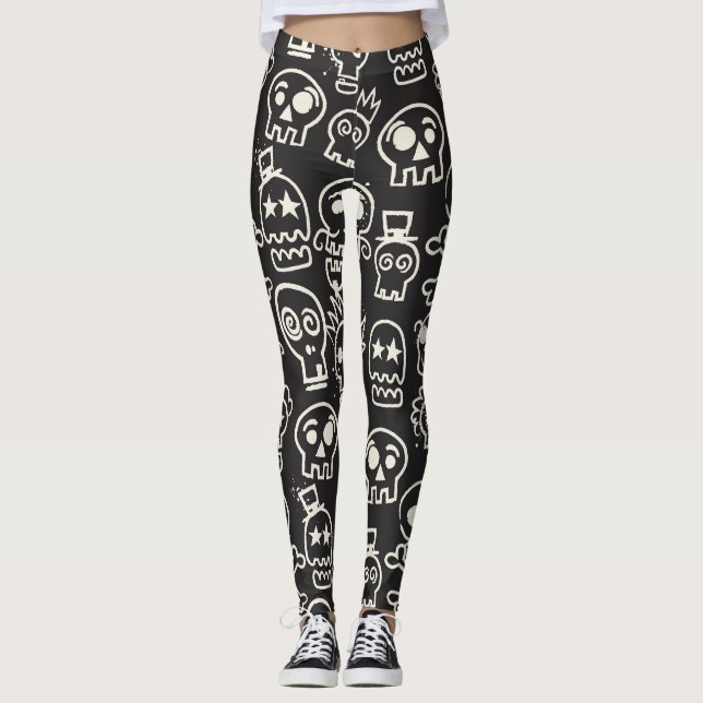 Sketchy Black Skull Seamless Wallpaper Leggings (Front)
