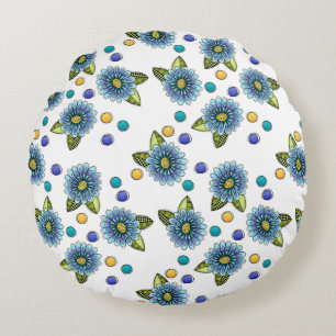 Sketchy Blue Flowers Round Cushion
