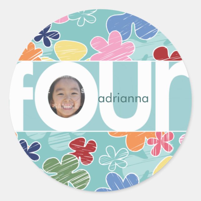 Sketchy Flowers 4th Birthday Sticker (Front)