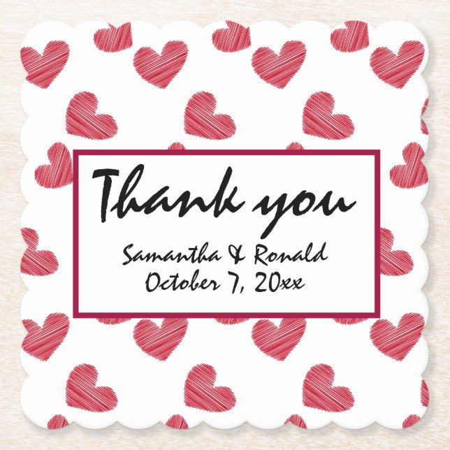 Sketchy Red Heart Wedding Paper Coaster (Front)