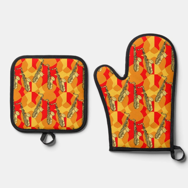 Sketchy Saxophone Grey Pattern Oven Mitt & Pot Holder Set (Front)