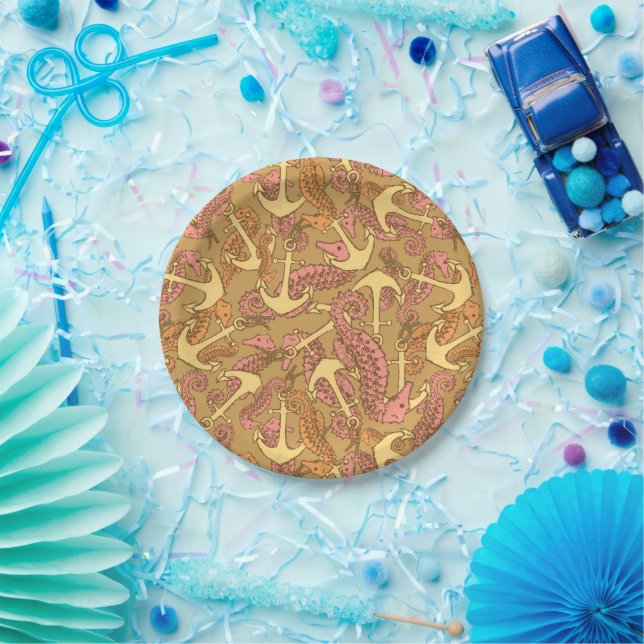Sketchy Seahorse And Anchor Pattern Paper Plate (Party)