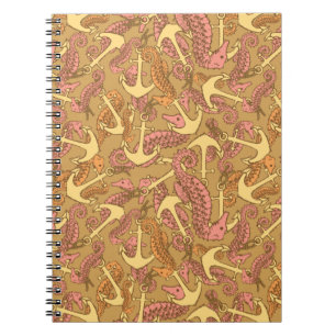 Sketchy Seahorse And Anchor Pattern Spiral Notebook