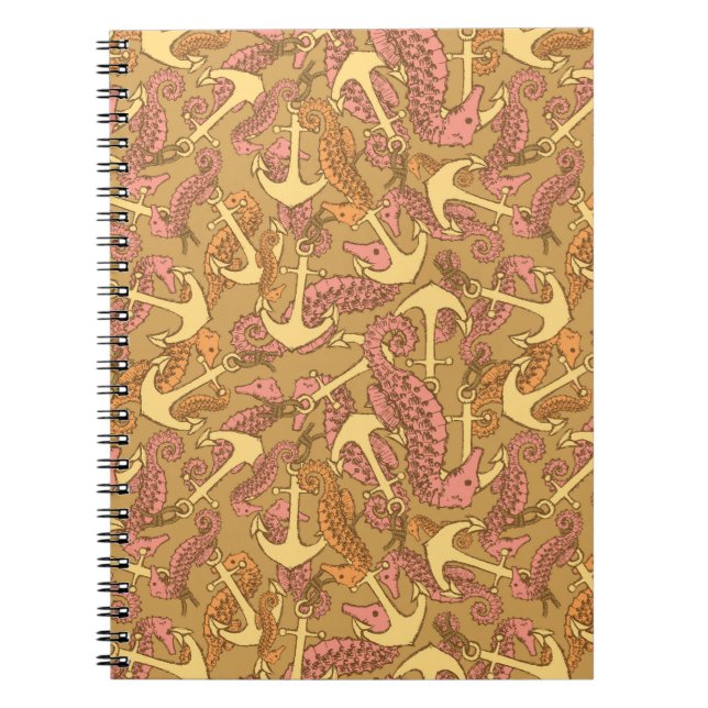 Sketchy Seahorse And Anchor Pattern Spiral Notebook (Front)