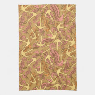 Sketchy Seahorse And Anchor Pattern Tea Towel