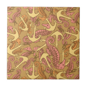 Sketchy Seahorse And Anchor Pattern Tile